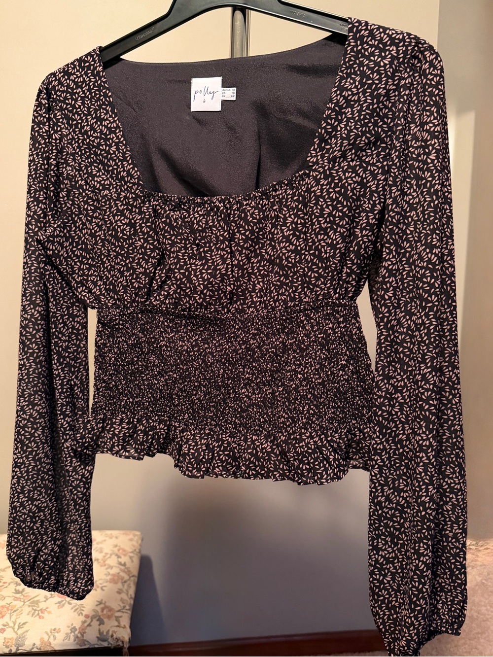 Princess Polly Black Top with Pink Micro Floral Print and Smocked Waist